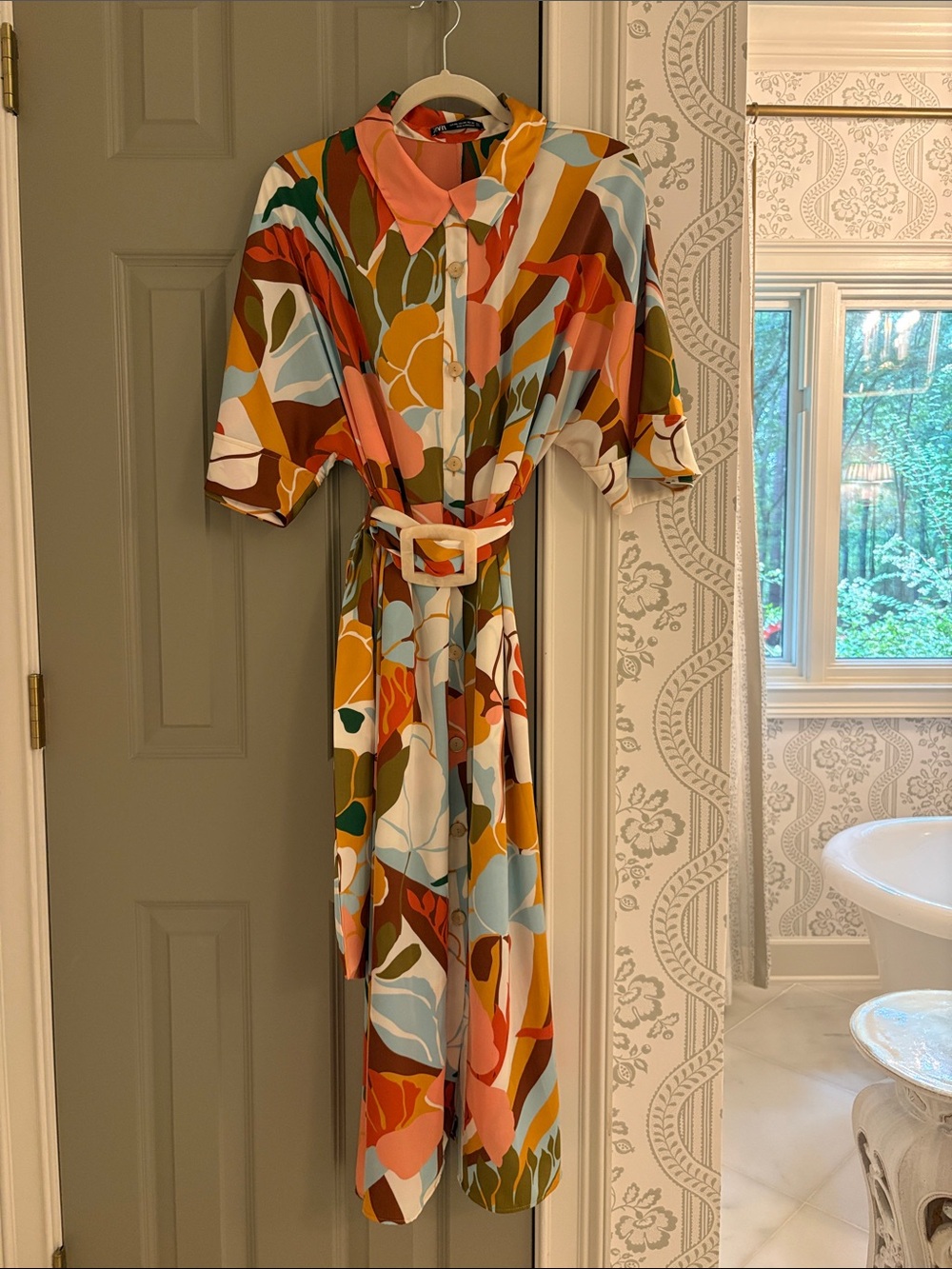 Zara Multicolor Abstract Print Shirt Midi Dress with Belt